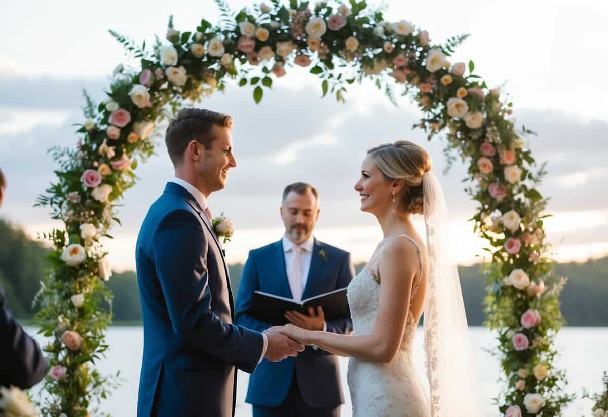 A bride and groom standing beneath a floral arch exchanging vows