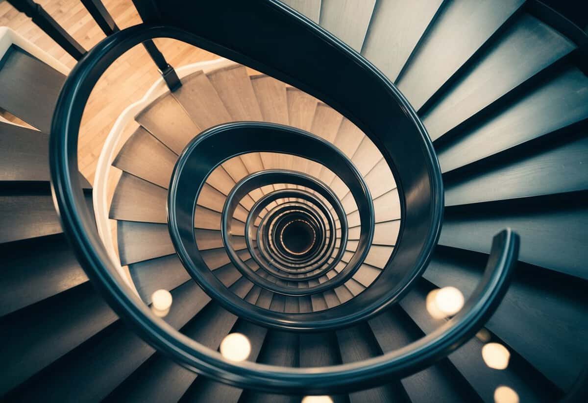 A winding staircase with seven steps, each representing a different aspect of marriage such as love, trust, communication, and compromise