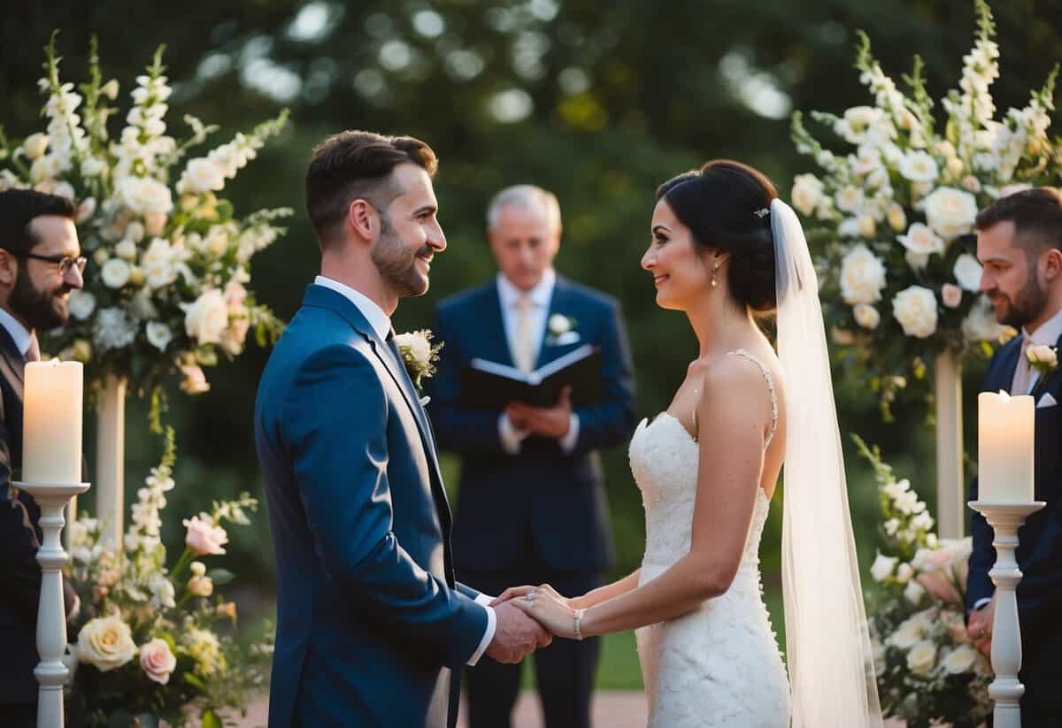 A bride and groom stand facing each other, surrounded by flowers and candles, as they exchange vows during their wedding ceremony