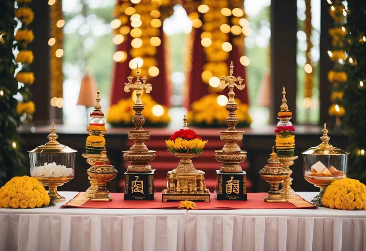 A ceremonial table adorned with seven symbolic items representing different aspects of marriage and cultural significance