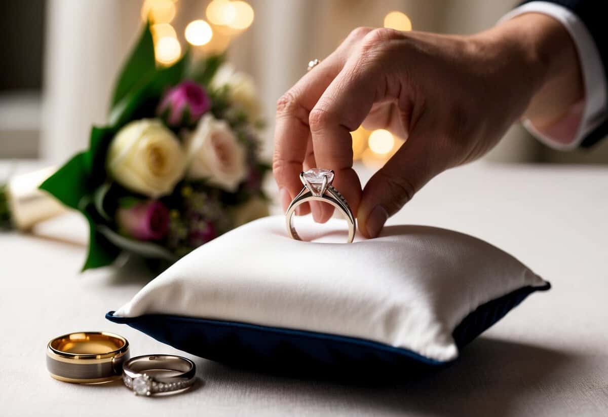 A wedding ring being placed on a pillow, with two sets of rings and a bouquet nearby