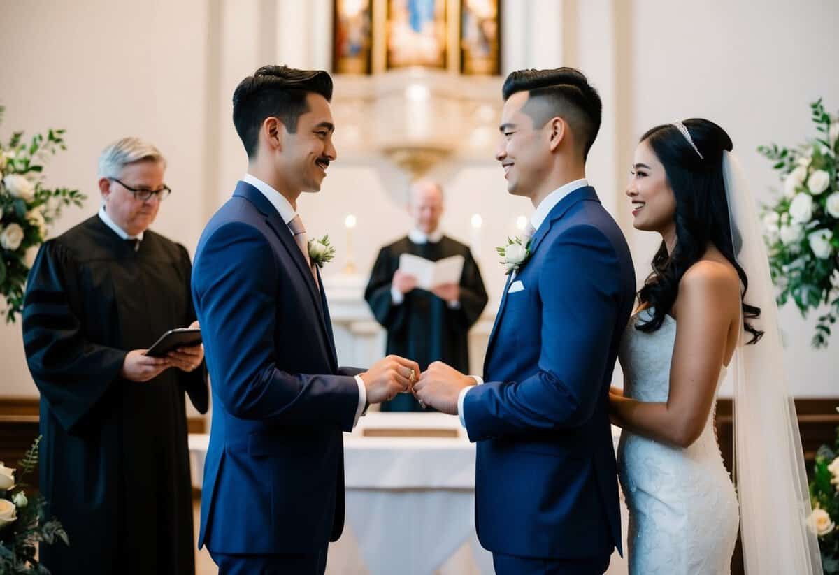 A couple stands facing each other at the altar, exchanging rings before speaking their vows. The officiant oversees the ceremony from a raised platform