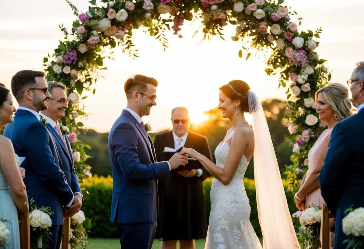 A couple stands beneath a floral arch, exchanging rings as guests look on. The setting sun casts a warm glow over the ceremony