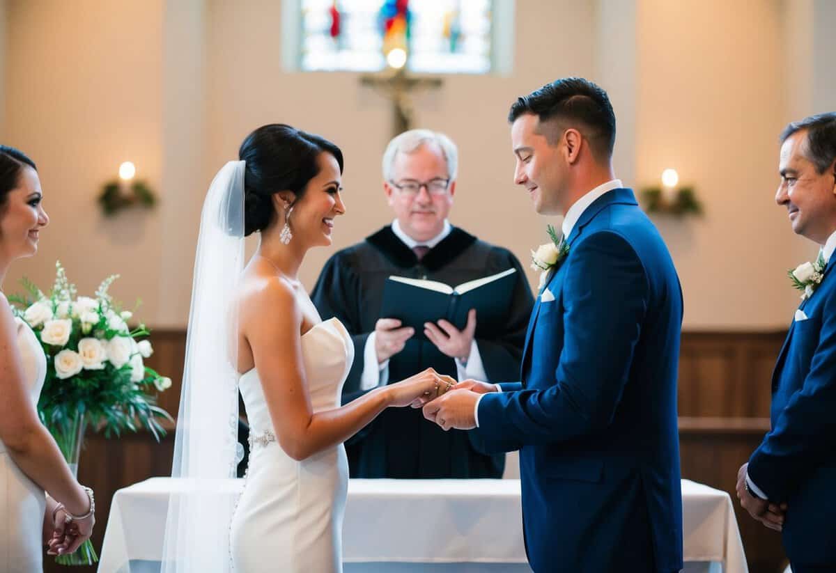 A couple stands facing each other at the altar, exchanging rings before reciting their vows. The officiant looks on, guiding the ceremony