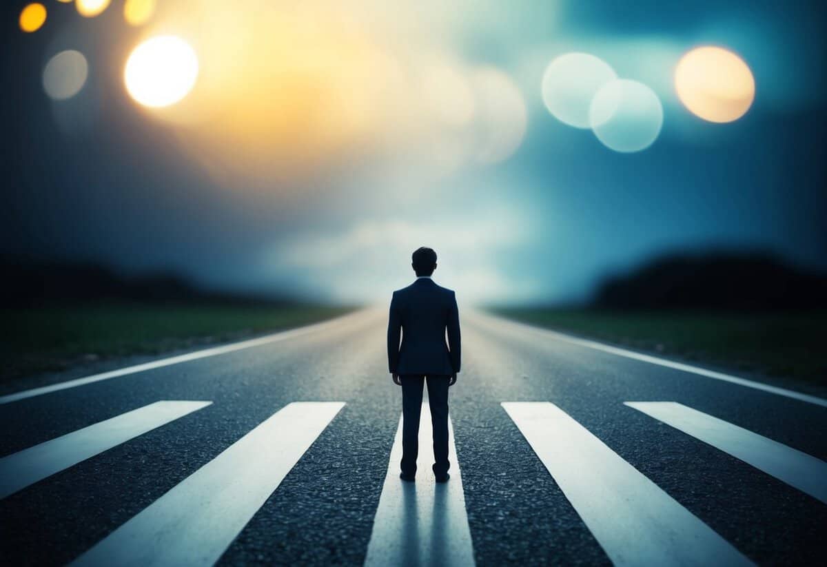 A solitary figure standing at a crossroads, with one path leading towards a bright future and the other fading into darkness