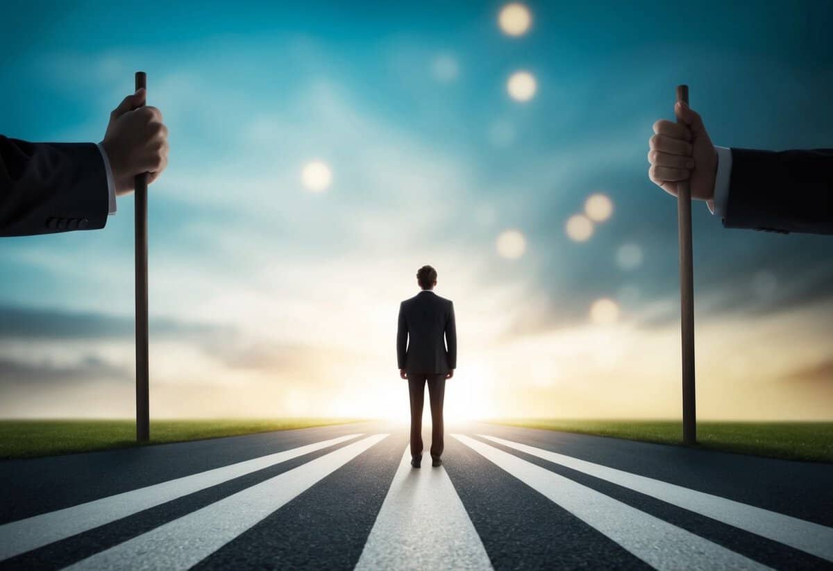 A solitary figure standing at a crossroads, with one path leading to a bright and hopeful future, while the other fades into darkness and uncertainty
