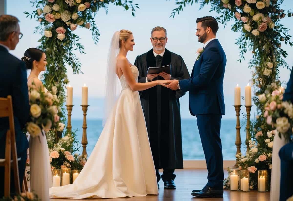A figure stands in front of an officiant, surrounded by flowers and candles, ready to exchange vows