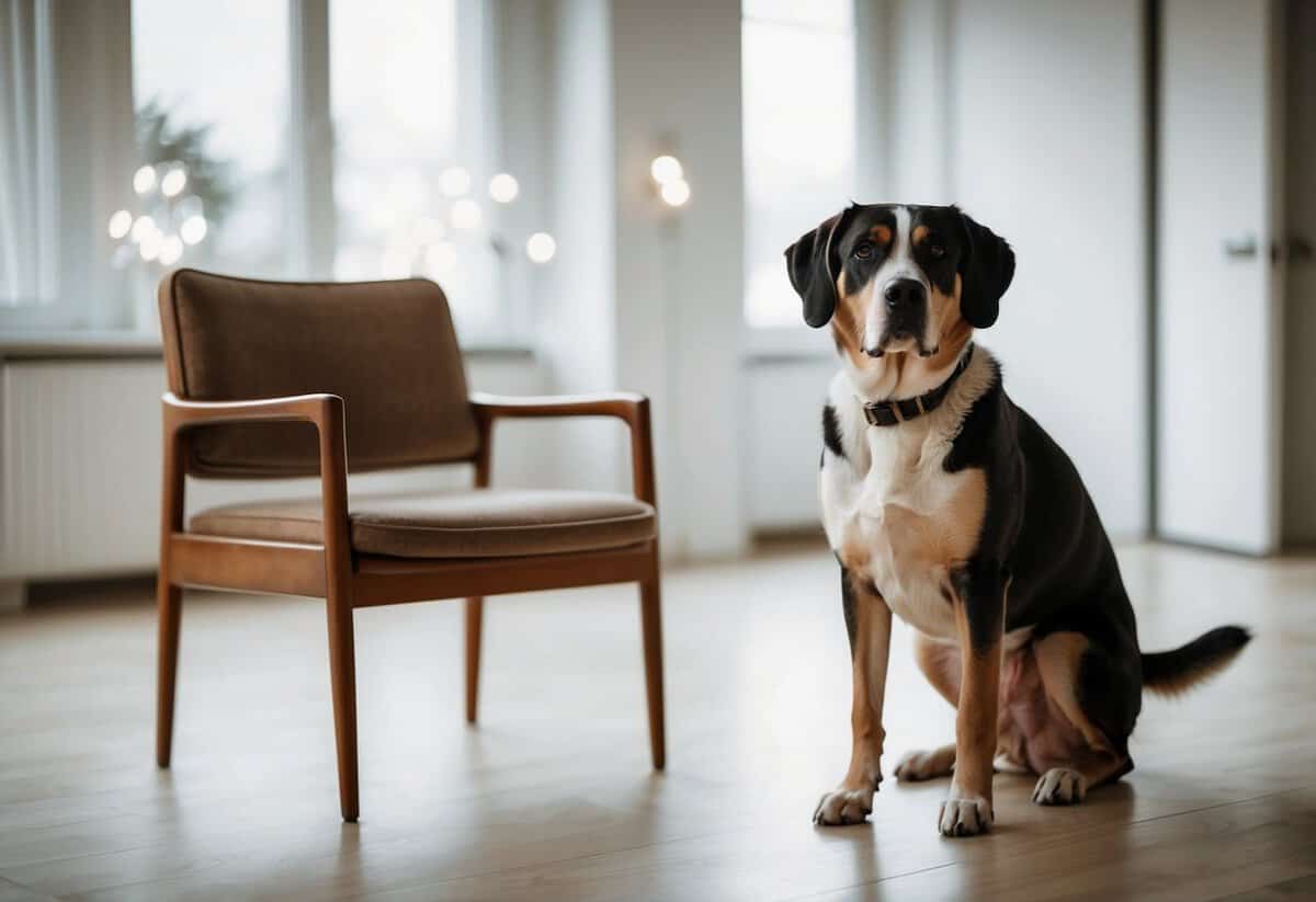 A loyal dog standing guard beside its owner's empty chair