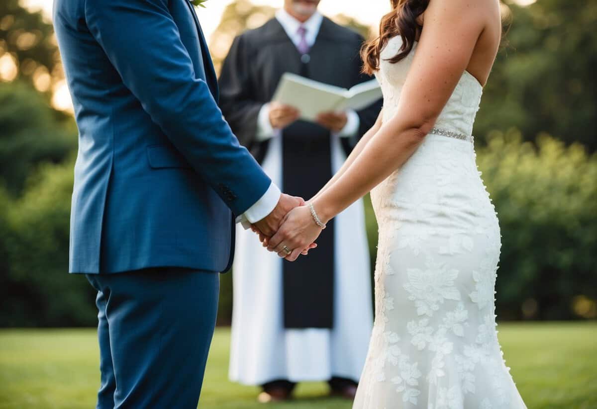 A couple standing facing each other, holding hands, with a wedding officiant in the background