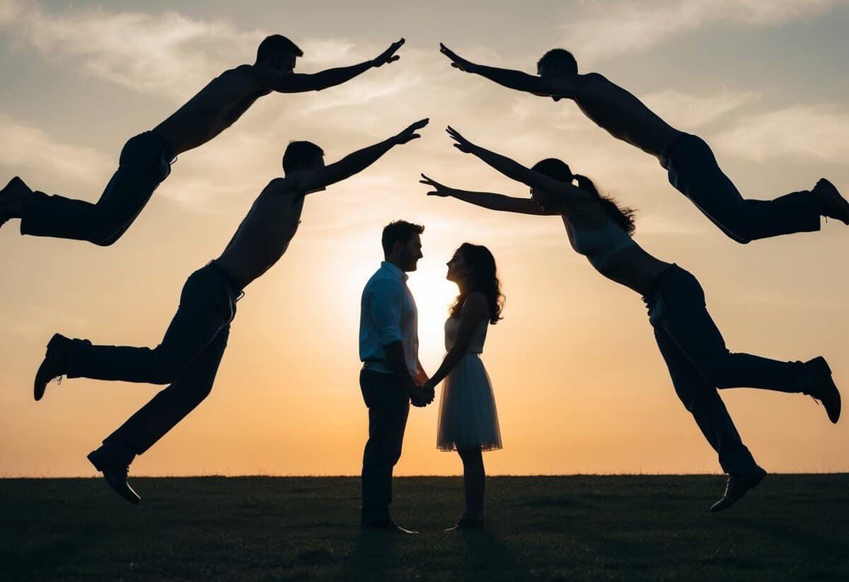A couple standing together, surrounded by shadowy figures reaching out towards them, symbolizing the commitment to "forsaking all others" in relationships