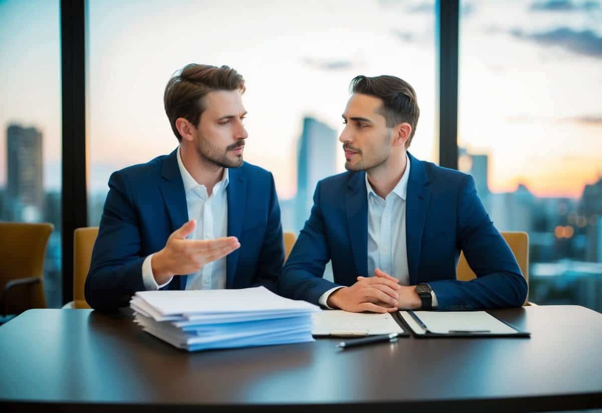 A couple sits at a table, one gesturing while the other listens intently. A stack of papers and a pen sit in front of them
