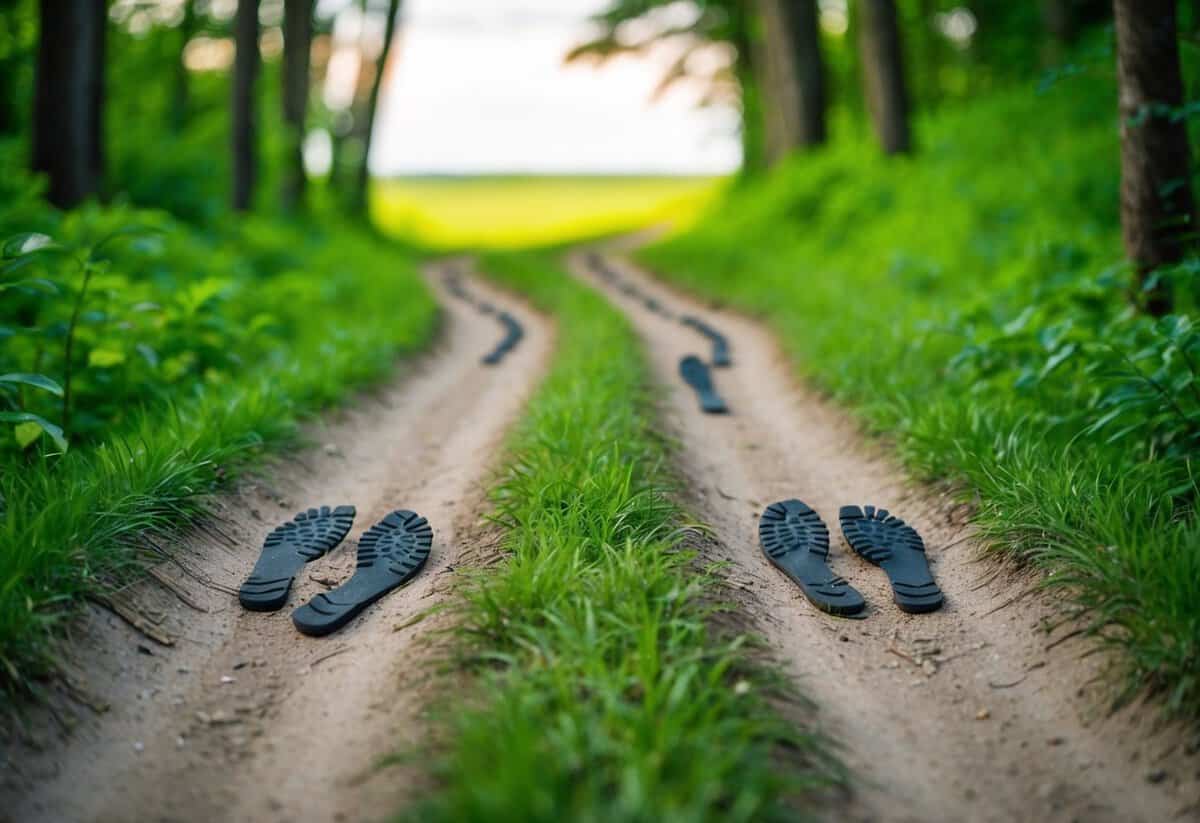 A winding path through a lush forest, two sets of footprints side by side, leading towards a distant horizon