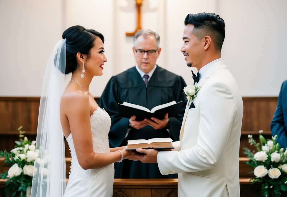 A bride and groom stand at the altar, facing each other with a book of traditional wedding vows in hand. The officiant looks on as the couple debates whether to use the pre-written vows or create their own