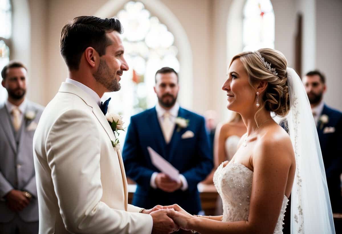 A groom standing at the altar, looking into the eyes of his bride, ready to say "I do" as they exchange wedding vows