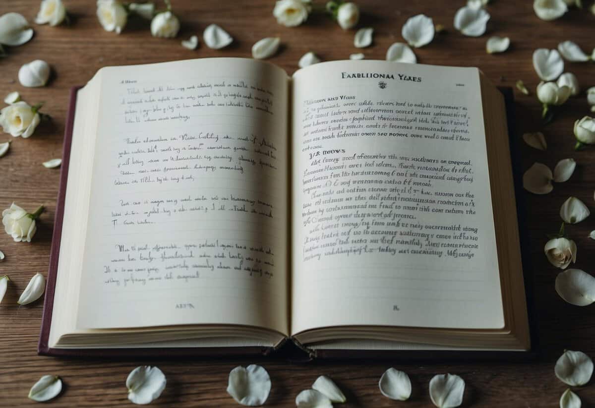 A pair of open books, one with handwritten notes and the other with traditional vows, sit on a wooden table surrounded by scattered flower petals
