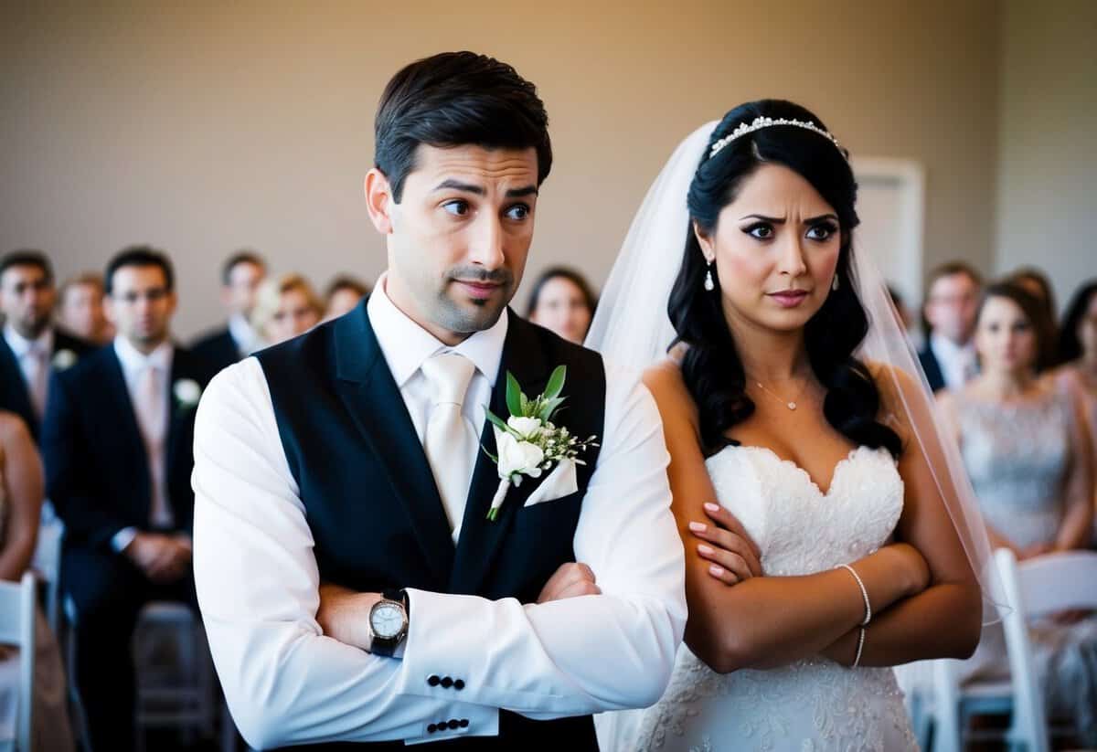 A groom with a puzzled expression as the bride glares, arms crossed, during their wedding ceremony