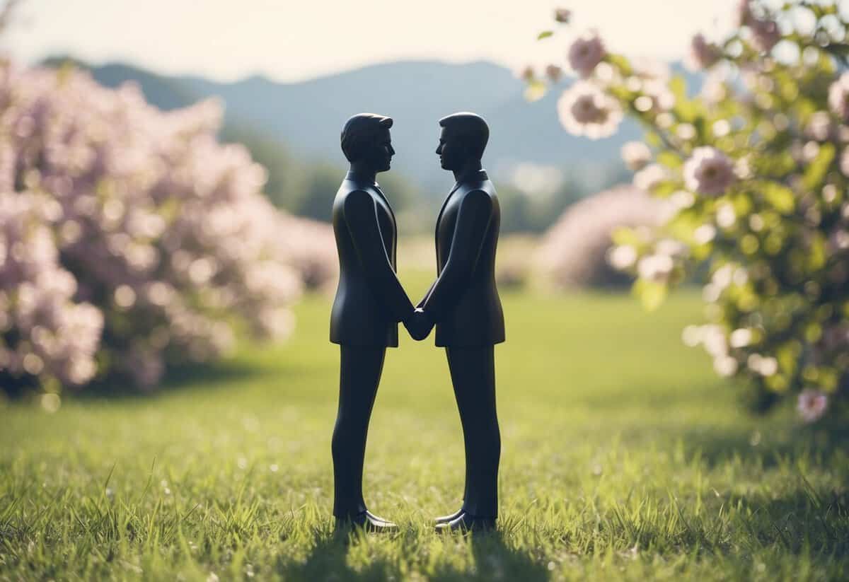 A serene outdoor setting with two figures standing facing each other, surrounded by blooming flowers and a gentle breeze