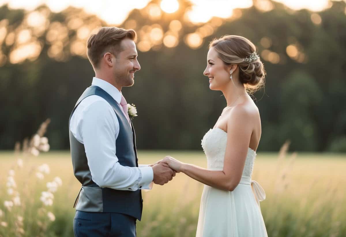 A couple standing facing each other, exchanging vows with a serene and beautiful backdrop
