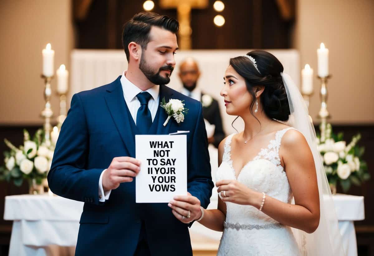 A couple standing at the altar, with one person holding a list of "What Not to Say in Your Vows" while the other looks concerned