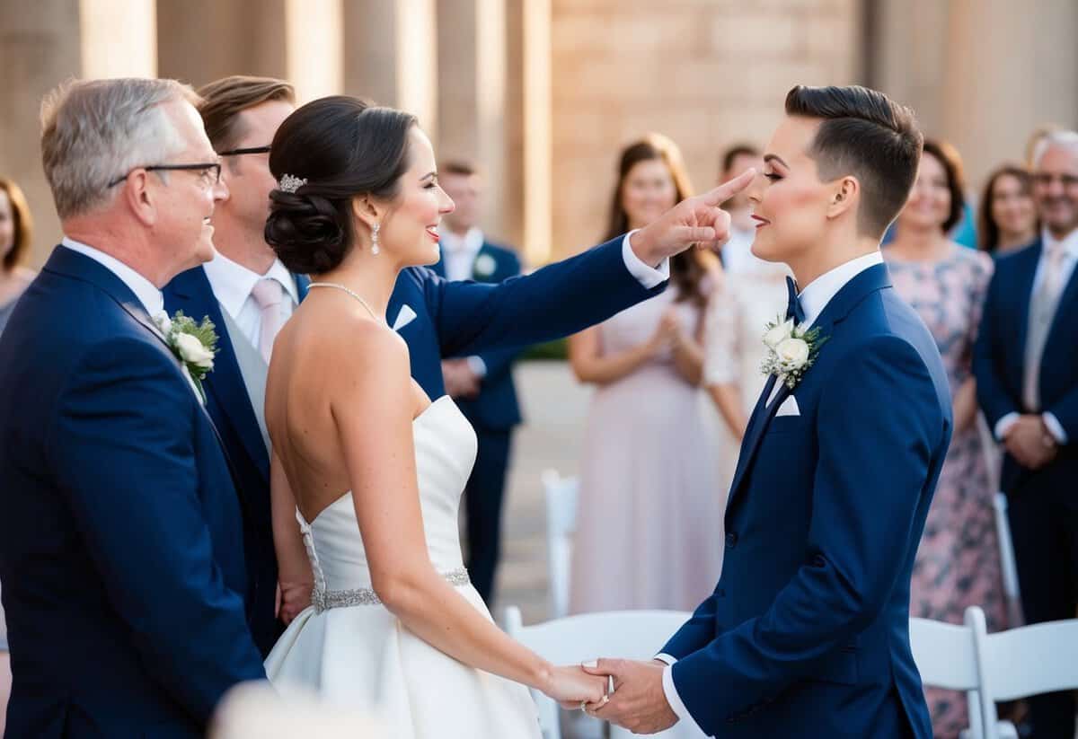 A figure in formal attire gestures towards the bride and groom, indicating permission to kiss. The couple stands facing each other, surrounded by onlookers
