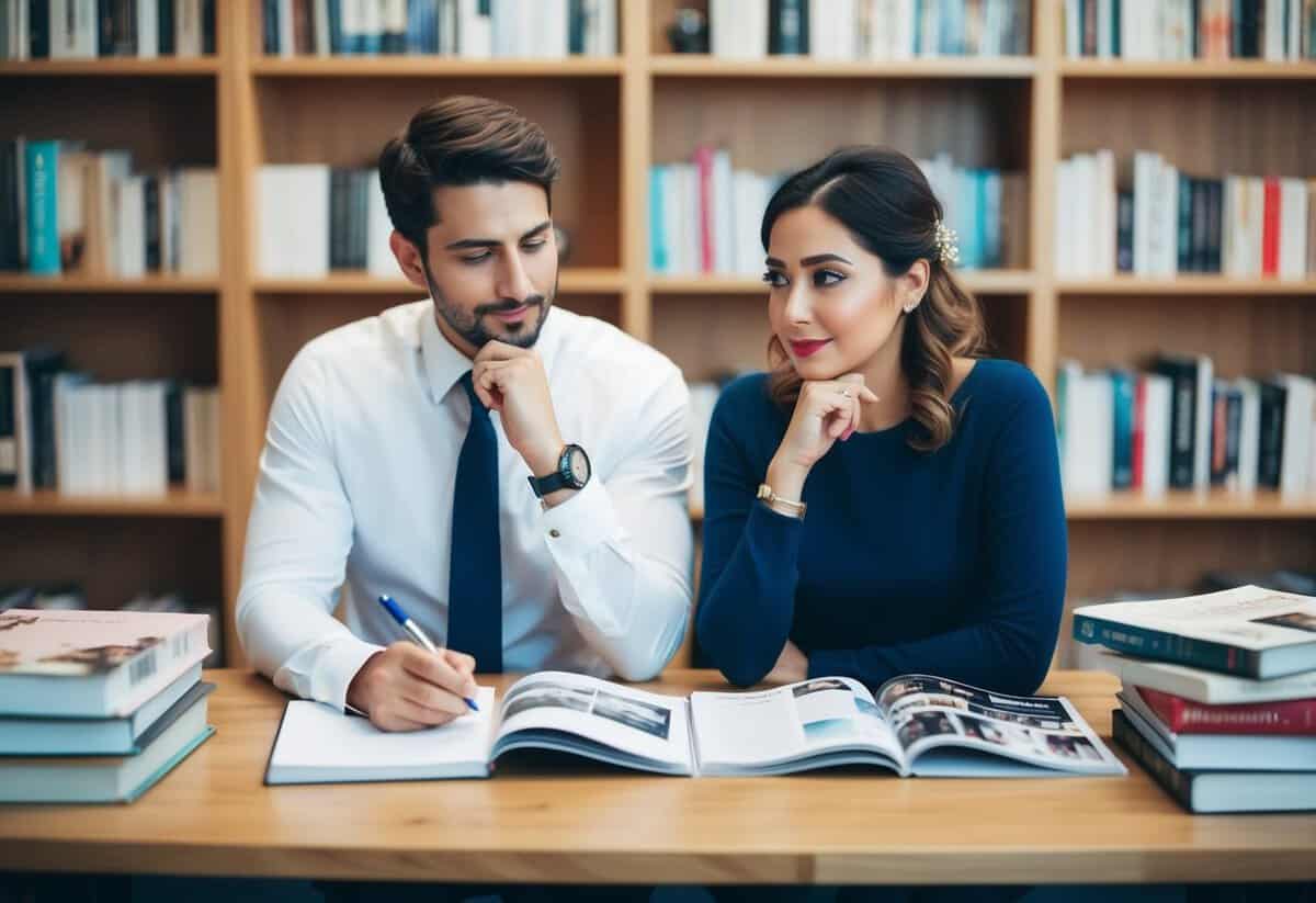 A couple sitting at a table, one with a pen and paper, the other deep in thought, surrounded by books and wedding magazines