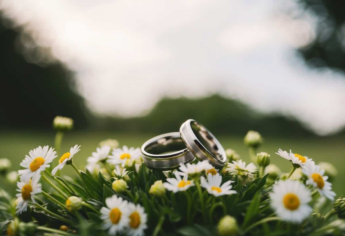 A serene outdoor setting with two intertwined rings resting on a bed of fresh flowers, symbolizing the simplicity of wedding vows