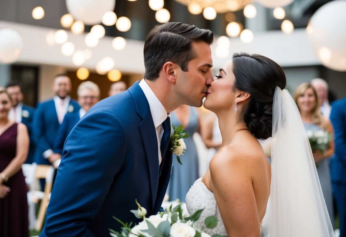 A groom leaning in to kiss the bride, surrounded by modern wedding decor and guests