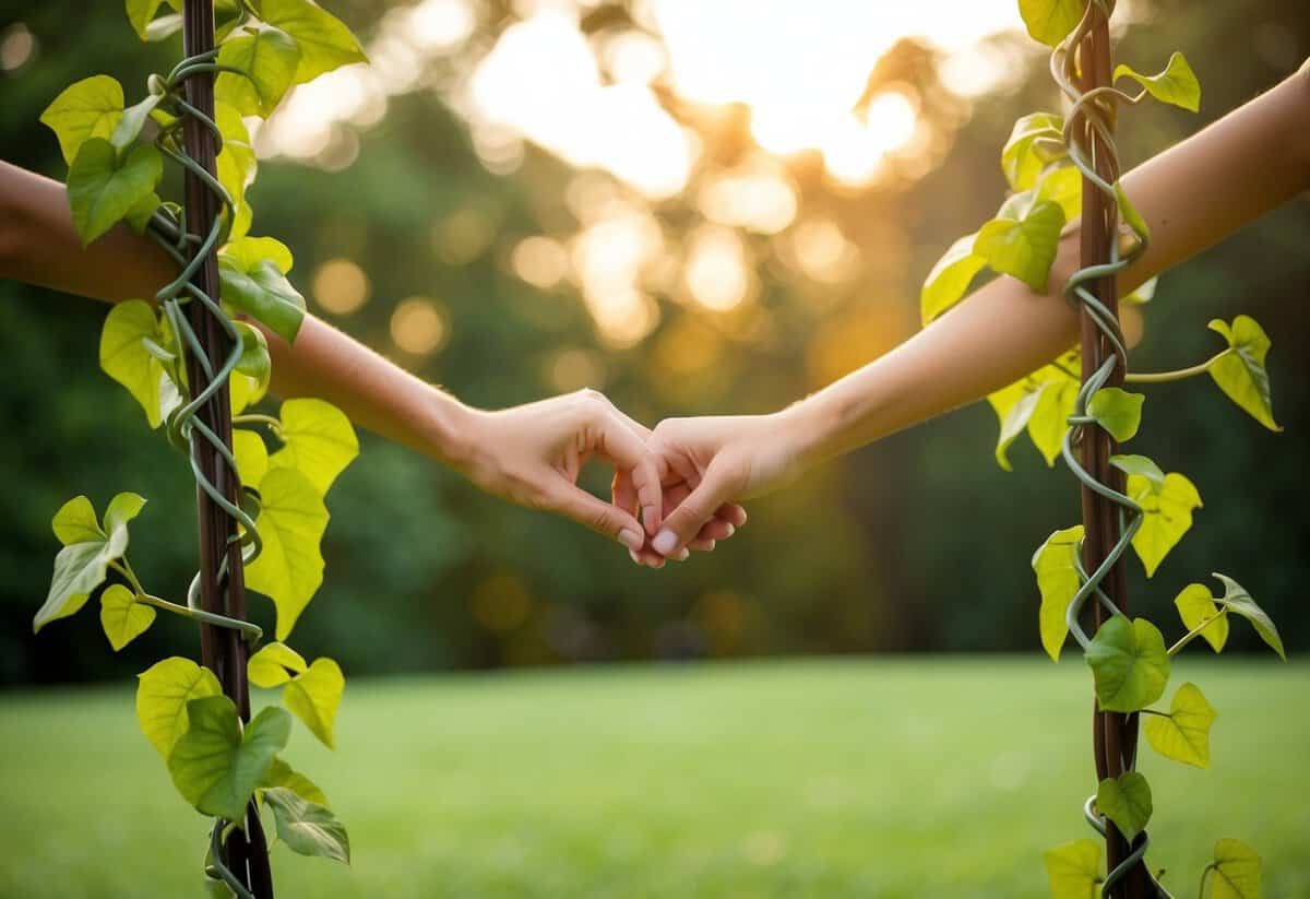 A serene outdoor setting with two intertwining vines symbolizing unity