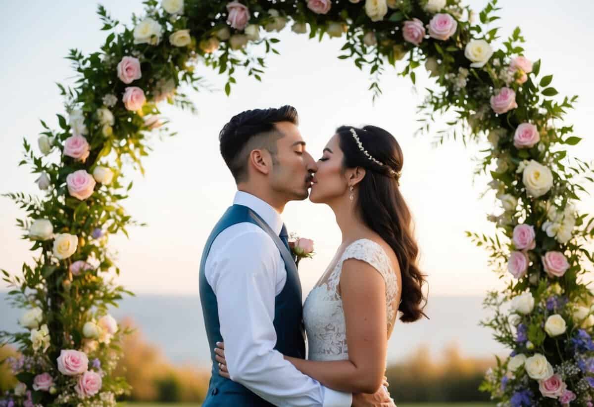 A couple standing under a floral arch, facing each other with closed eyes, leaning in for their first kiss as a symbol of commitment