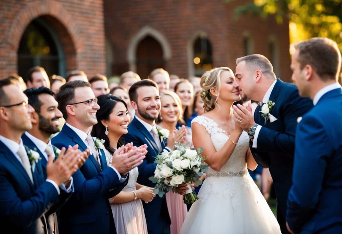 The crowd leans forward eagerly, smiling and clapping as the officiant gestures towards the newlyweds, prompting the groom to kiss the bride