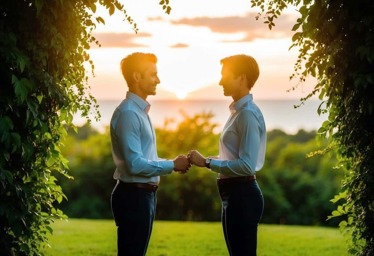 Two figures stand facing each other, surrounded by lush greenery. The sun sets behind them, casting a warm glow as they exchange heartfelt promises