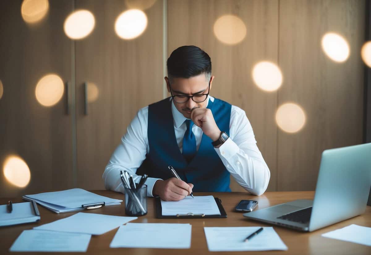 A person sitting at a desk, surrounded by paper, pens, and a laptop, deep in thought while writing their wedding vows