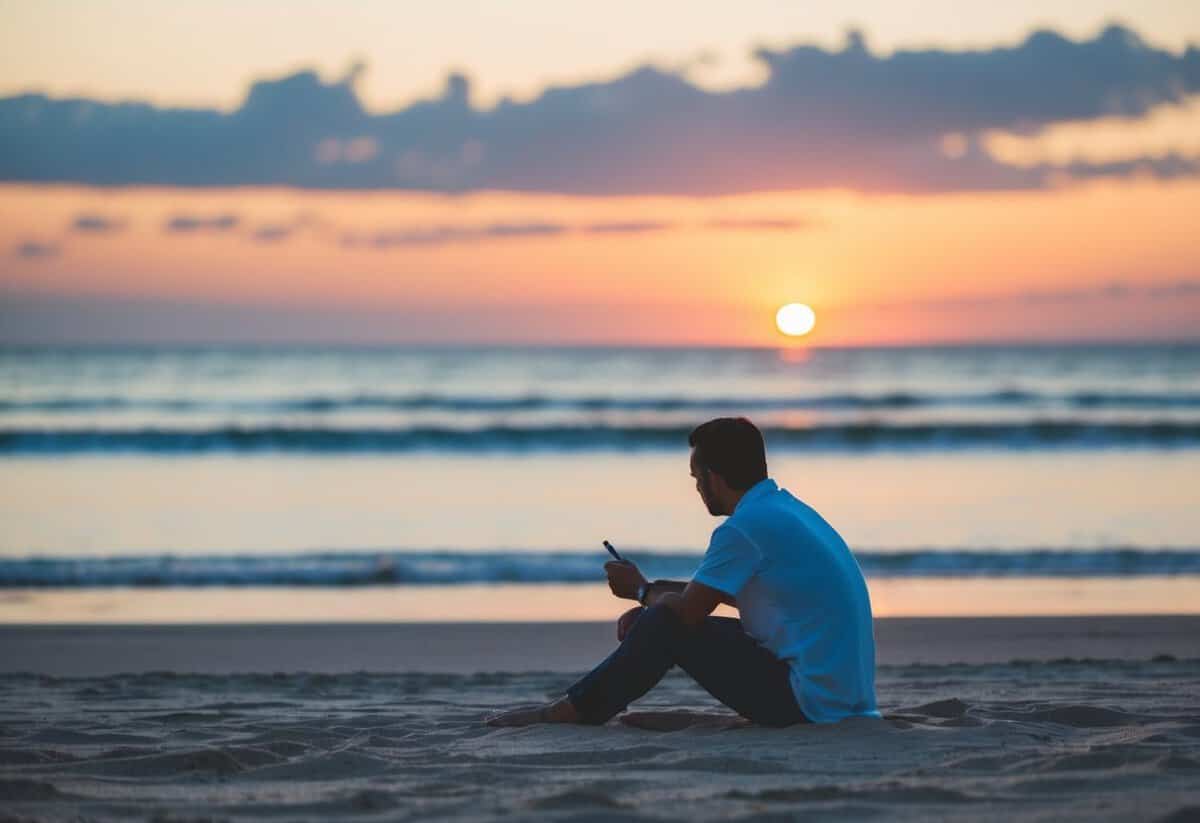 A serene beach at sunrise, with a lone figure sitting on the sand, pen in hand, contemplating the horizon