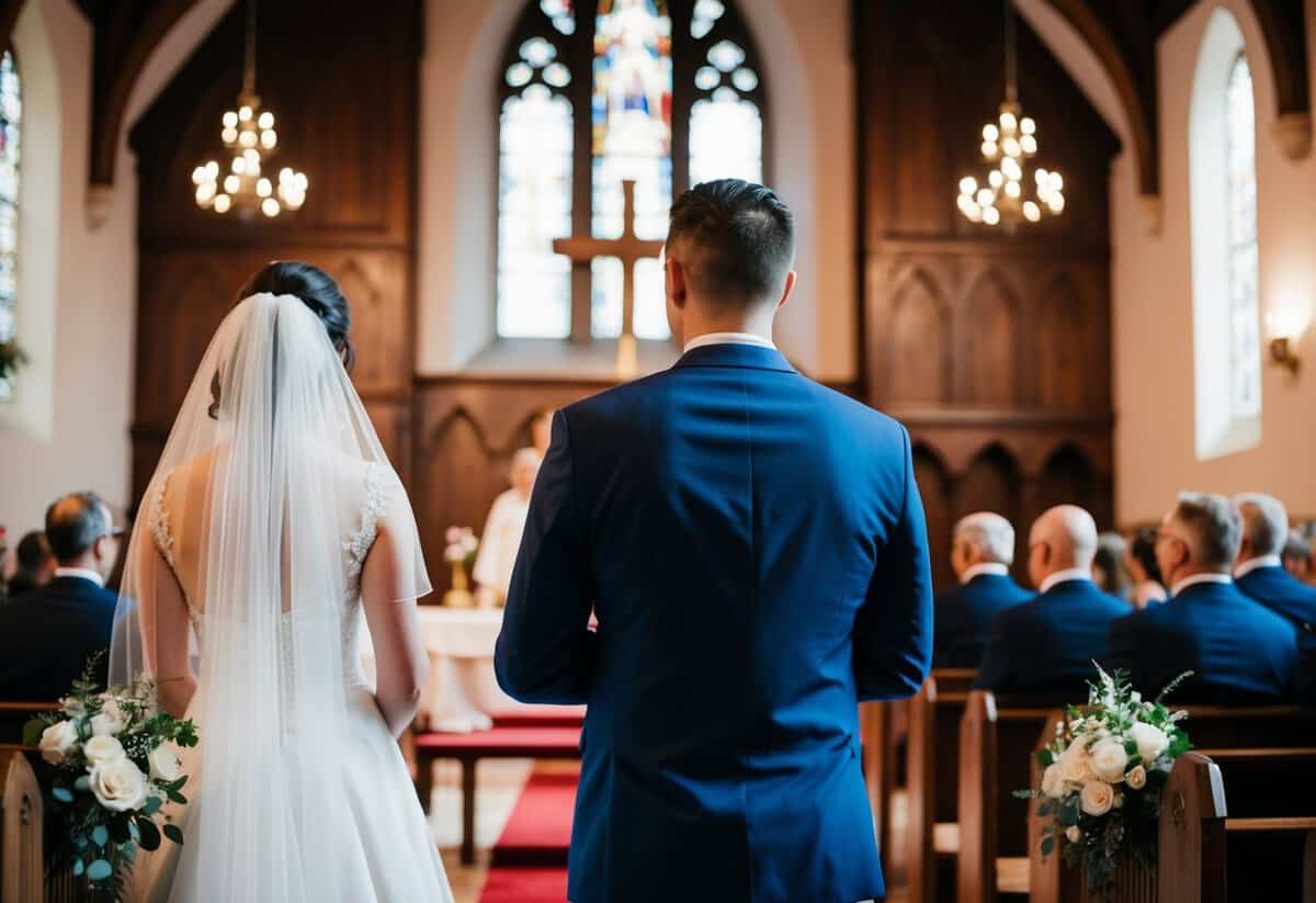 A groom stands at the altar, facing a bride approaching from the back of the church