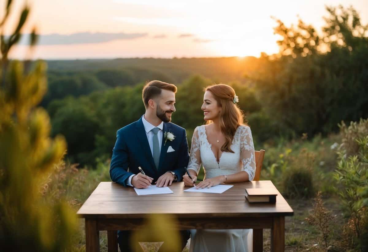 A couple sits at a table with pen and paper, surrounded by nature, writing their vows. The sun is setting, casting a warm glow over the scene