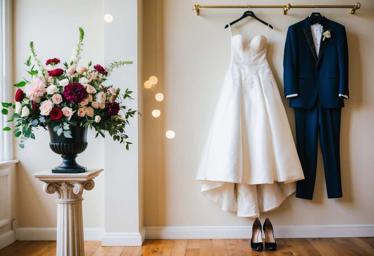 A bouquet of flowers on a pedestal. A tuxedo and wedding dress hanging on separate hooks. A pair of elegant shoes on the floor
