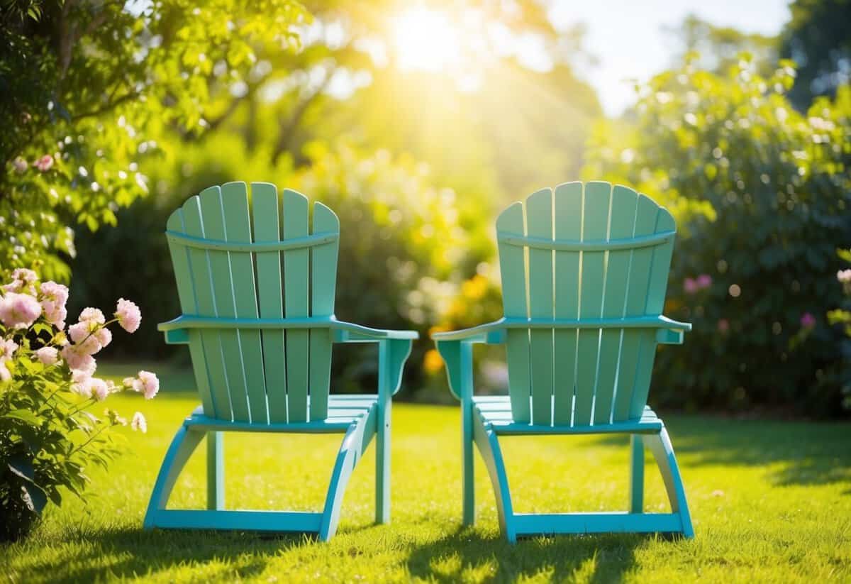 A serene outdoor setting with two chairs facing each other, surrounded by lush greenery and blooming flowers. Sunshine filters through the trees, creating a warm and intimate atmosphere