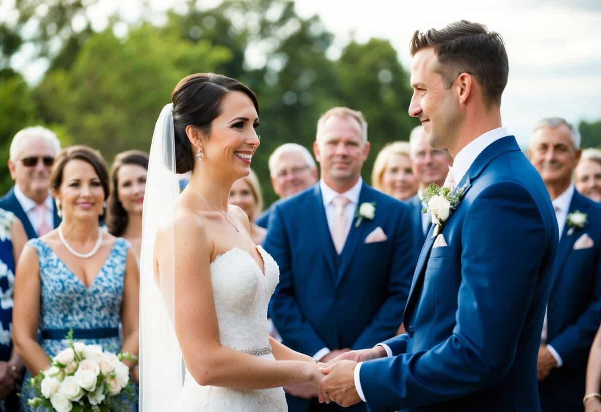 A bride and groom stand facing each other, surrounded by family and friends. The bride smiles as she begins to speak, while the groom listens attentively
