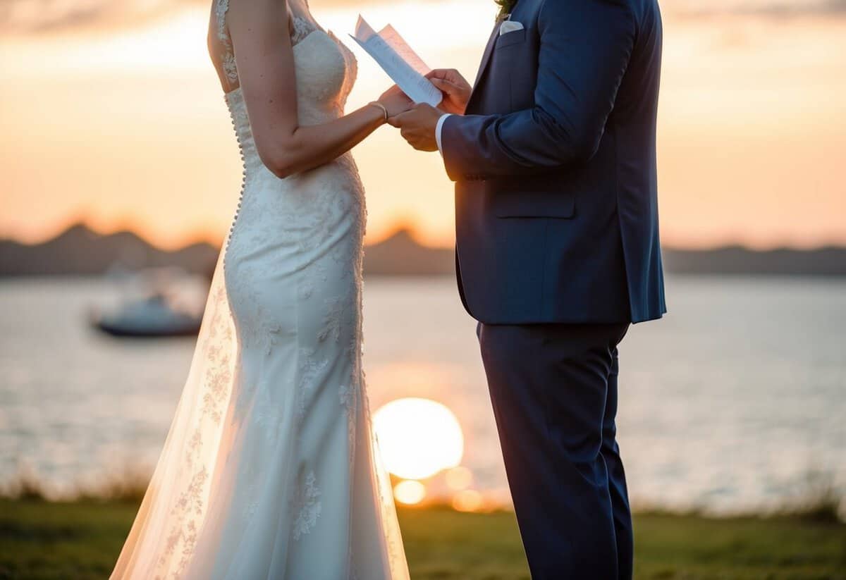 A bride and groom stand facing each other, holding their handwritten vows. The sun sets behind them, casting a warm glow on the scene