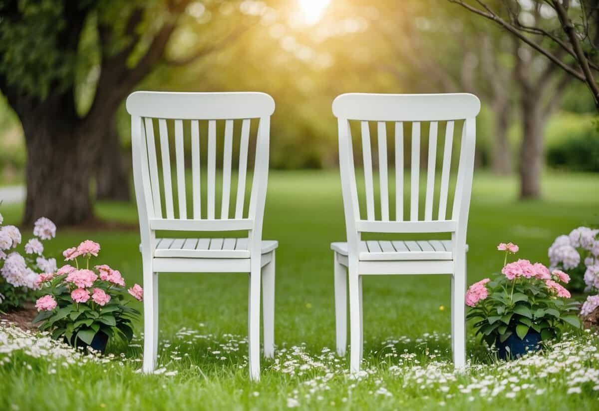 A serene outdoor setting with two chairs facing each other, surrounded by blooming flowers and soft natural light filtering through the trees