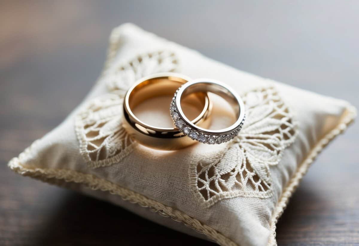 A pair of intertwined wedding rings resting on a delicate lace pillow