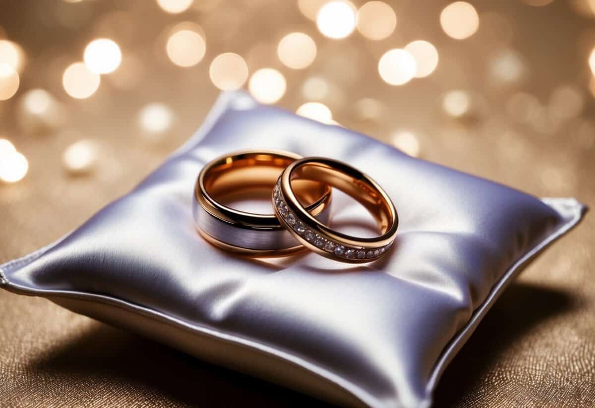 A pair of intertwined wedding rings resting on a satin pillow