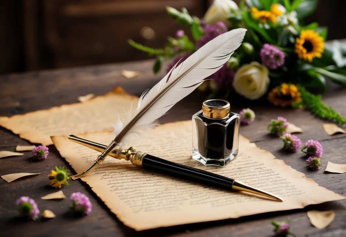 A quill pen and inkwell sit on a wooden desk surrounded by scattered parchment and a bouquet of flowers