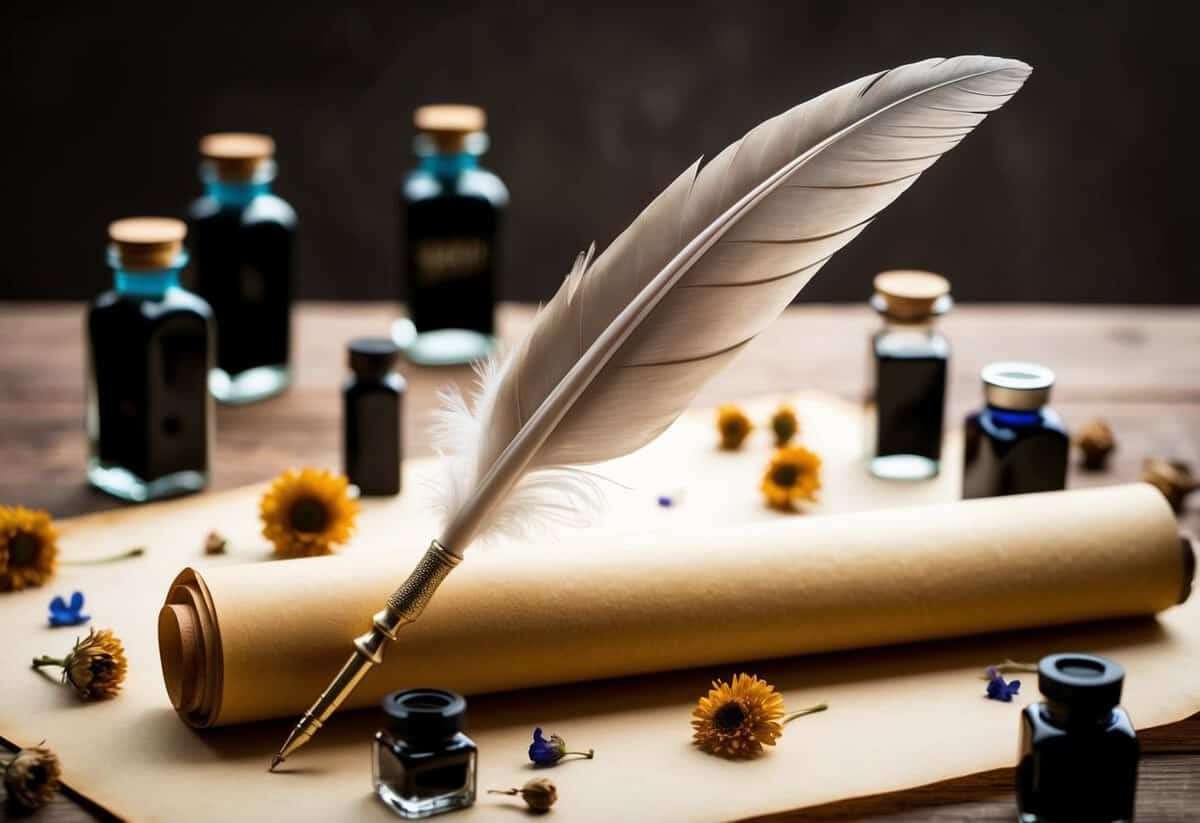 A quill pen poised over a parchment scroll, surrounded by scattered ink bottles and dried flowers