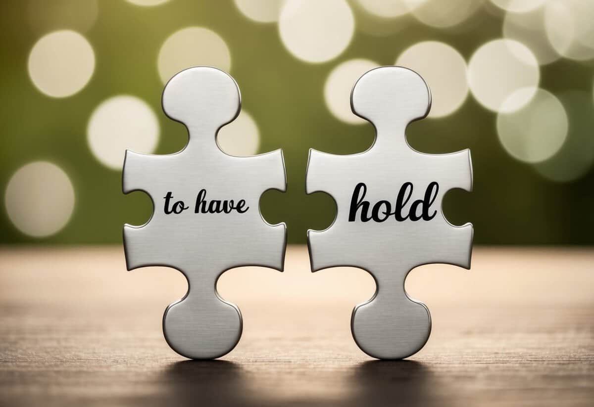 A pair of interlocking puzzle pieces, one labeled "to have" and the other "to hold," symbolizing the unity and completeness of marriage