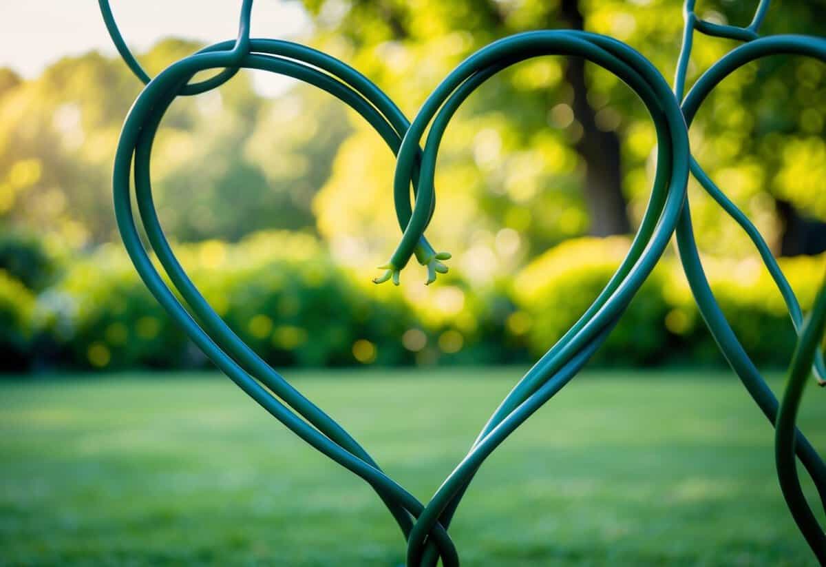 A serene garden with two intertwining vines forming a heart shape