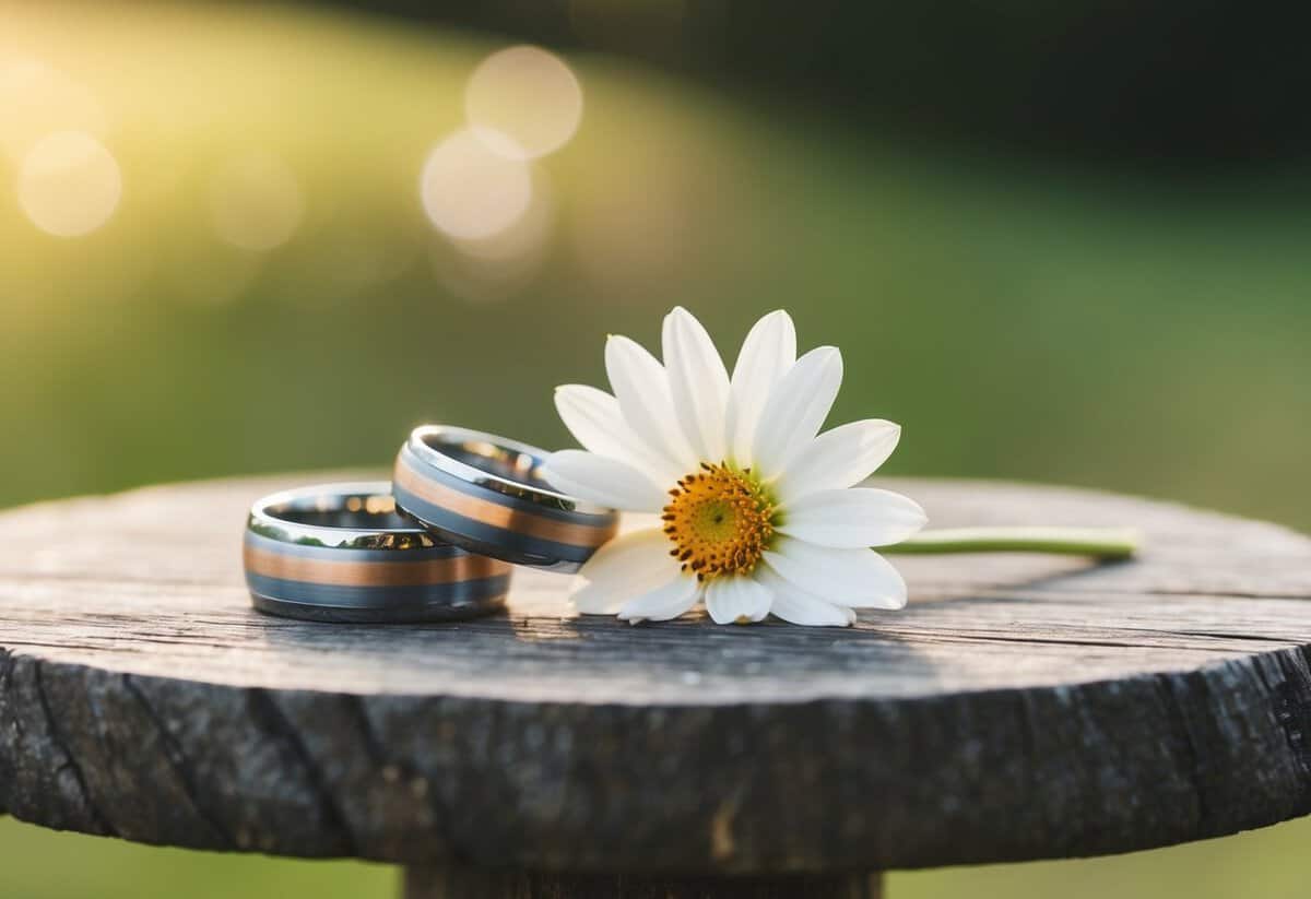 A serene outdoor setting with two rings intertwined and a single flower resting on a rustic wooden table