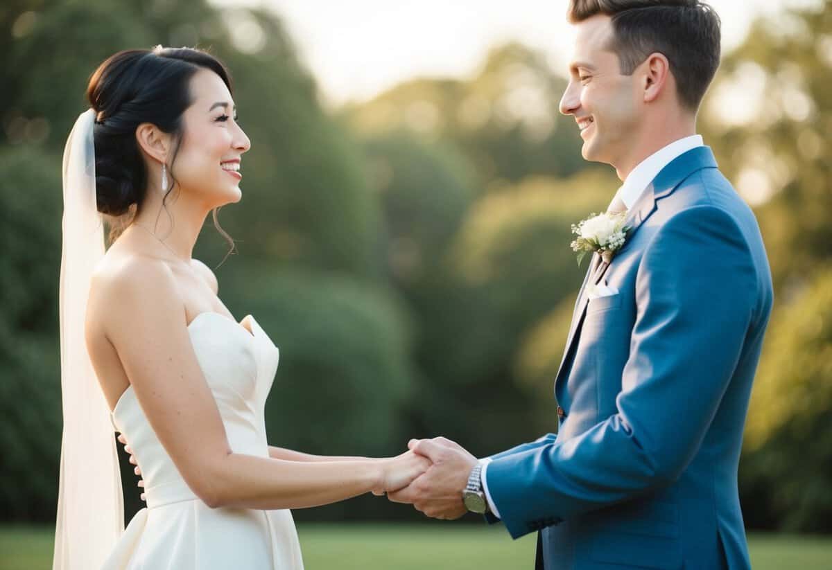 A couple standing face to face, holding hands, with a serene and joyful expression on their faces as they exchange simple and sweet wedding vows