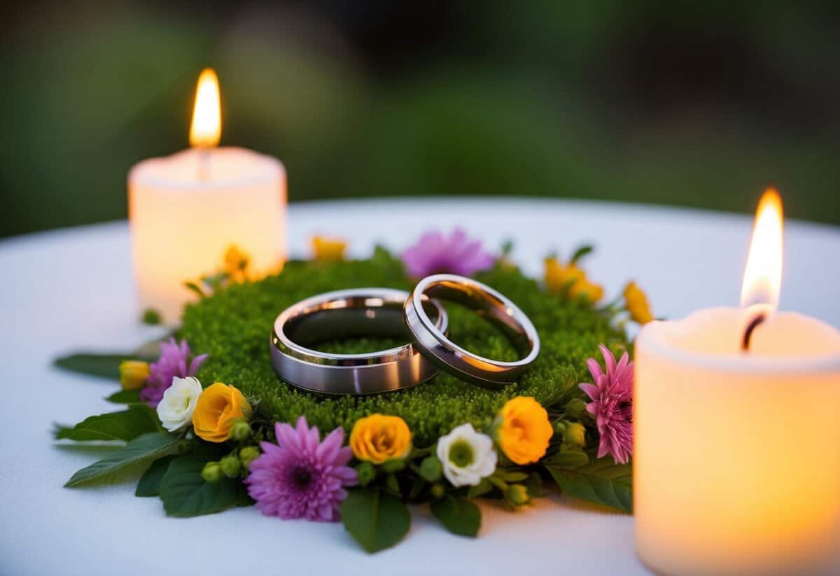 A serene outdoor setting with two intertwined rings resting on a bed of fresh flowers, surrounded by softly glowing candles