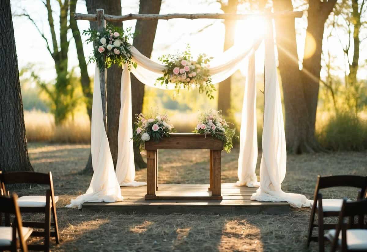 A serene outdoor setting with a rustic wooden altar adorned with flowers and draped with flowing fabric. Sunlight filters through the trees, casting a warm glow over the scene